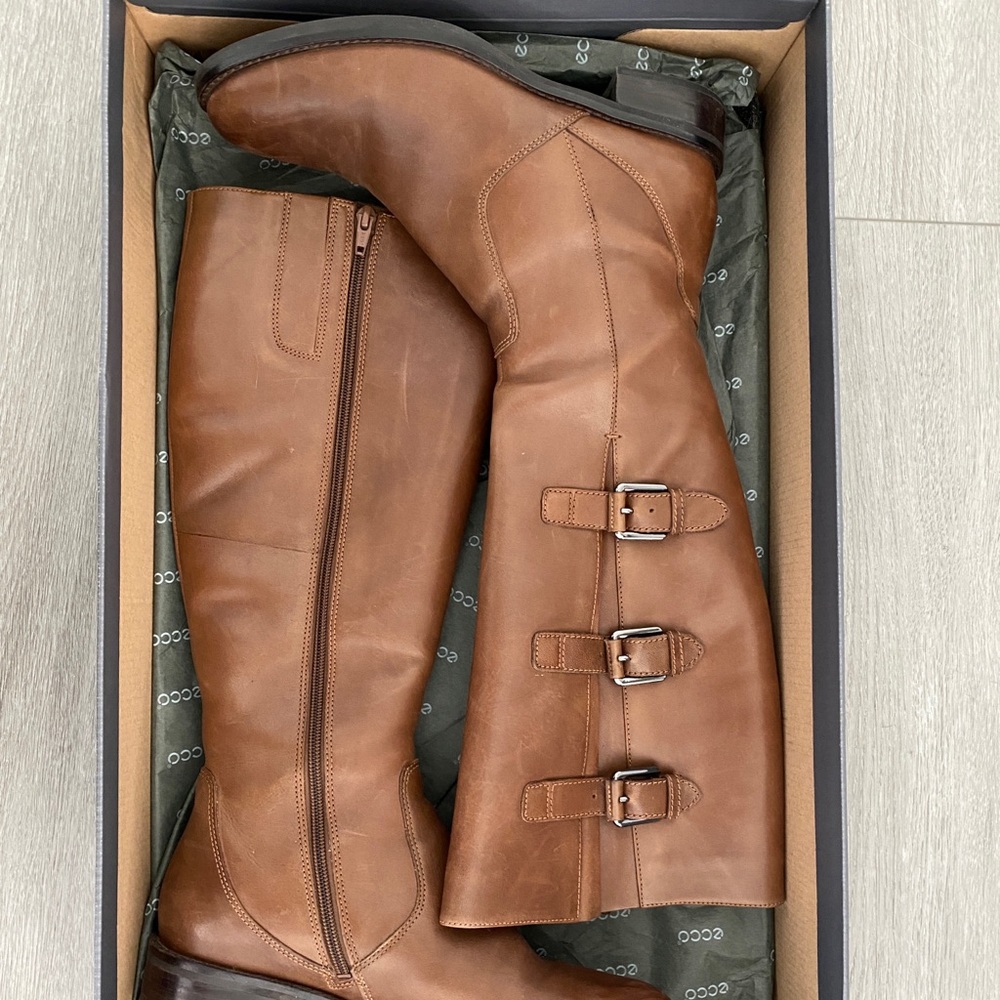 Knee-high brown ECCO boots with adjustable strap